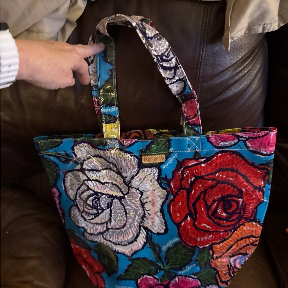 Consuela Large Tote Bag- Blue with Red & White Roses - NWOT